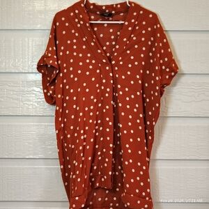MINI Dress Women’s Medium ORANGE COLORED POLKA DOT Button Up Cap Sleeves CHIC